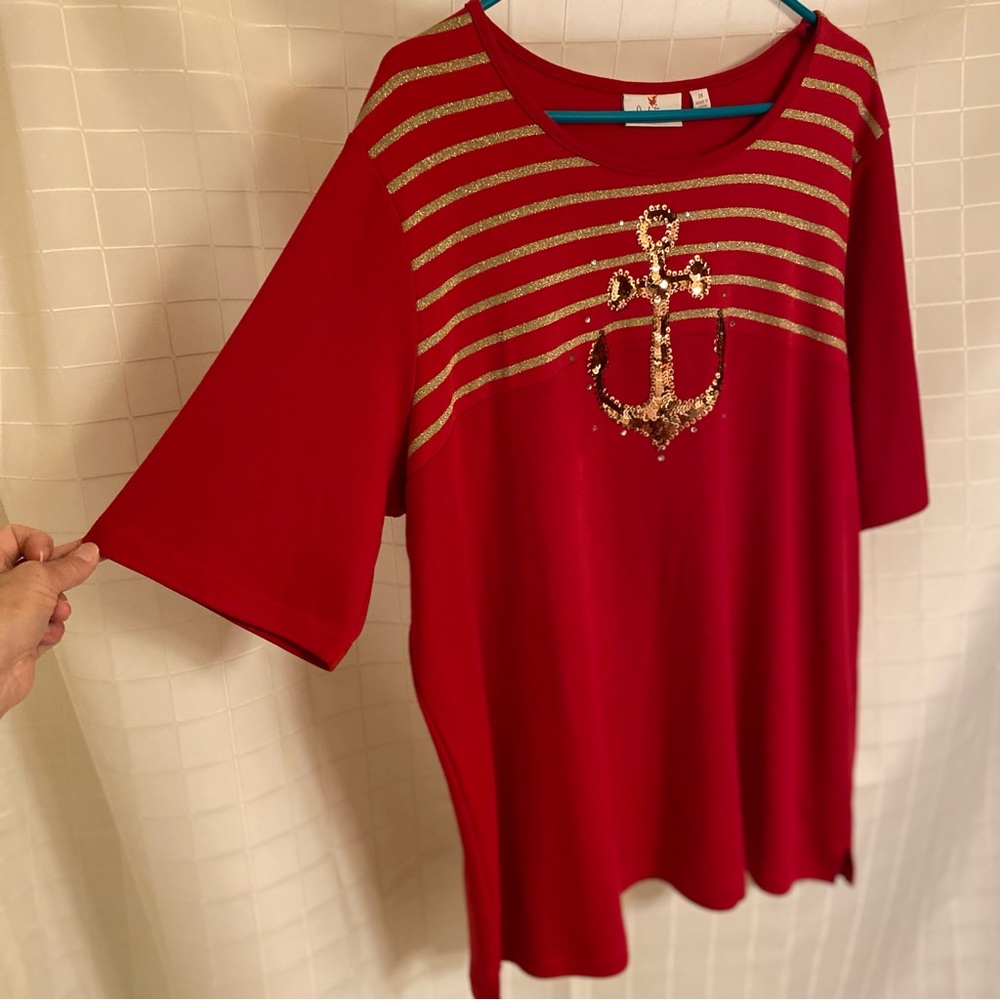 Quaker Factory Red Nautical Sequin Top 2X